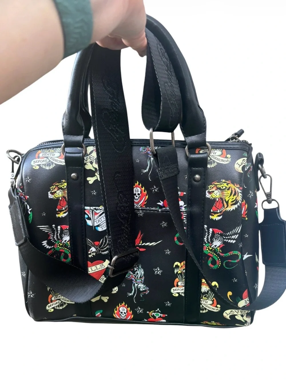 Ed Hardy Black Tattoo Flash Print Satchel Crossbody Bag Street Style Whimsygoth